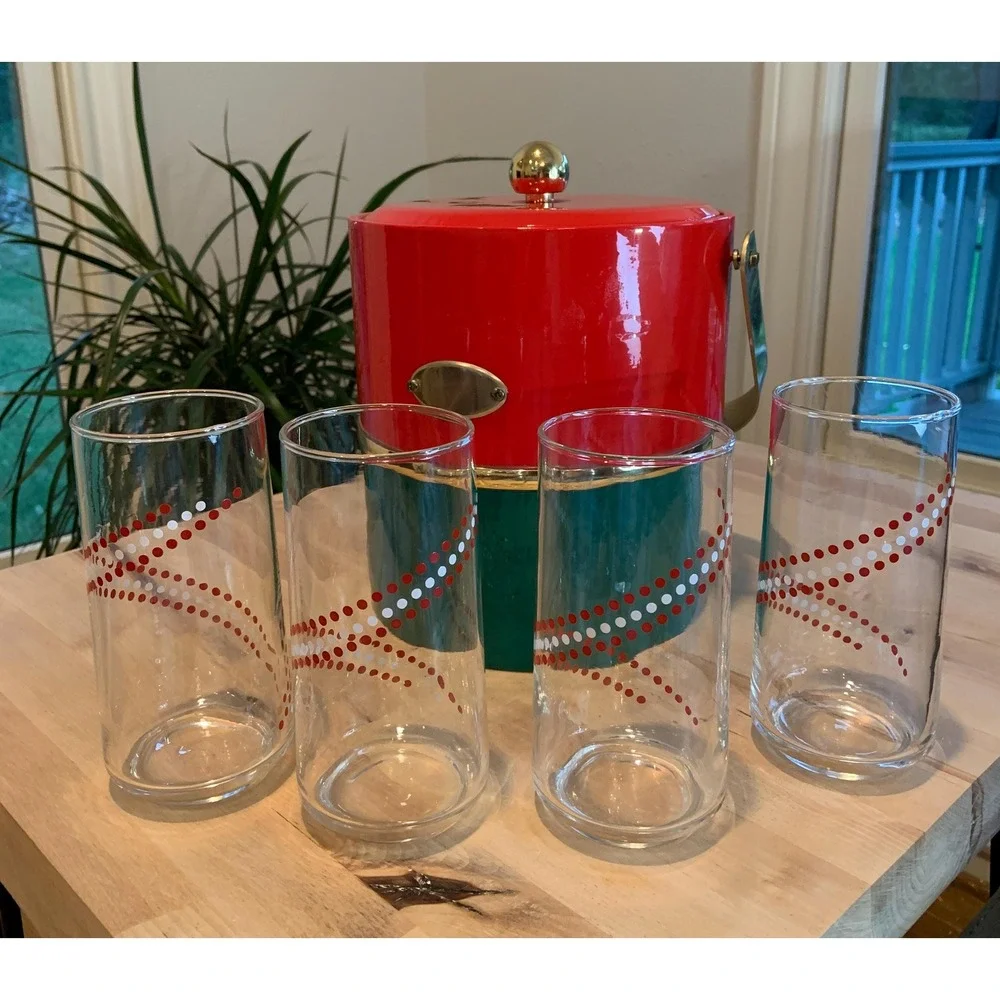 Vintage Set of 4 Glasses Red and White Swirl Polka Dots